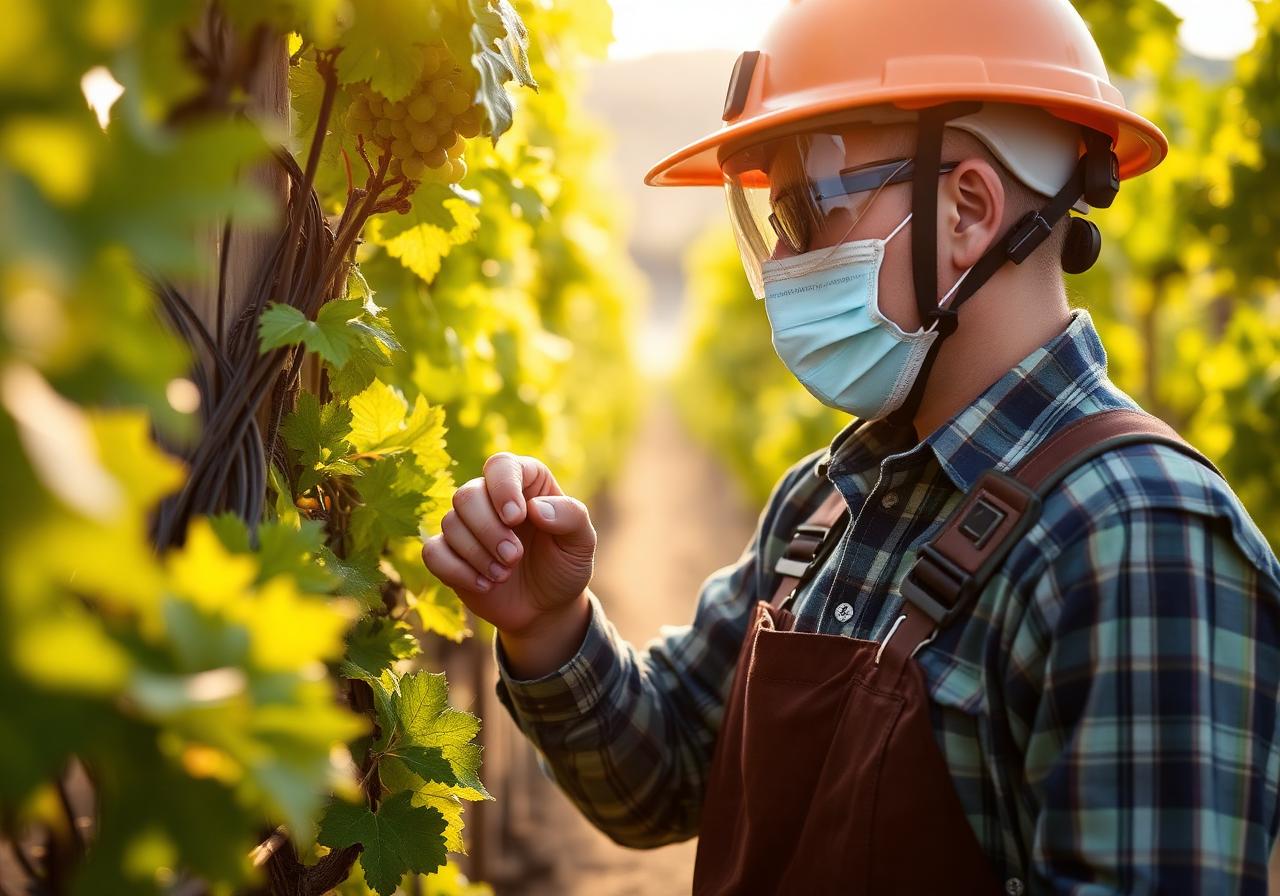 Vineyard worker wearing personal protective equipment